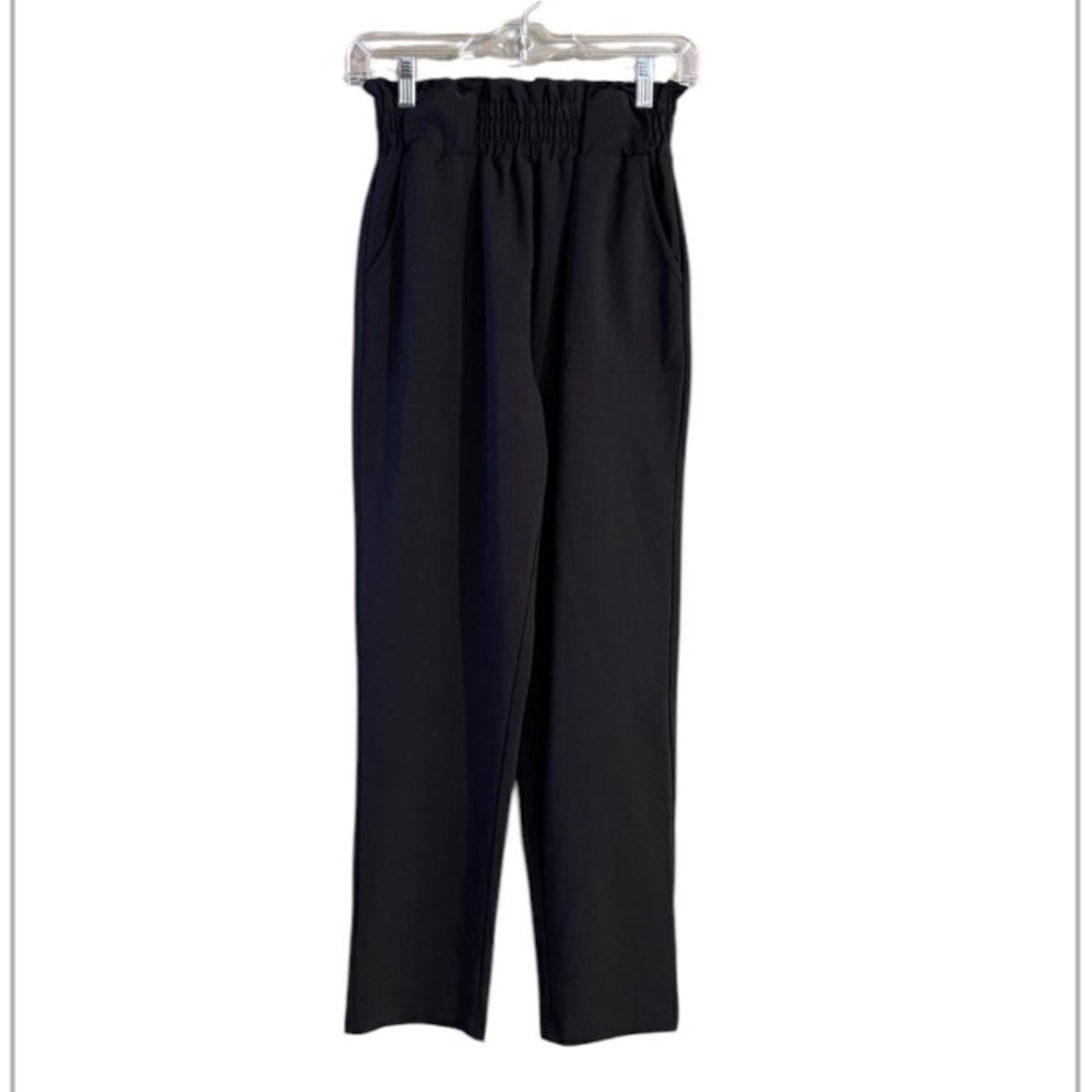 Grace Karin size small Black Paperbag Waist High Rise Pants no belt EUC